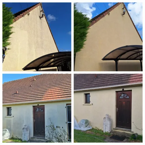 Pignon et dépendance d'une maison avant et après nettoyage de façade, traces vertes éliminées