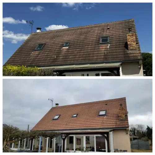Toiture en tuiles et fenêtres de toit avant et après démoussage, mousse et lichen éliminés