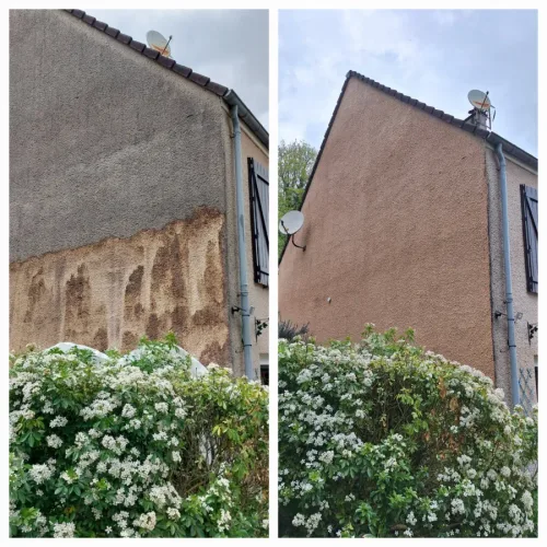 Pignon crépi taché et grisaillé avant nettoyage de façade, enduit ravivé après
