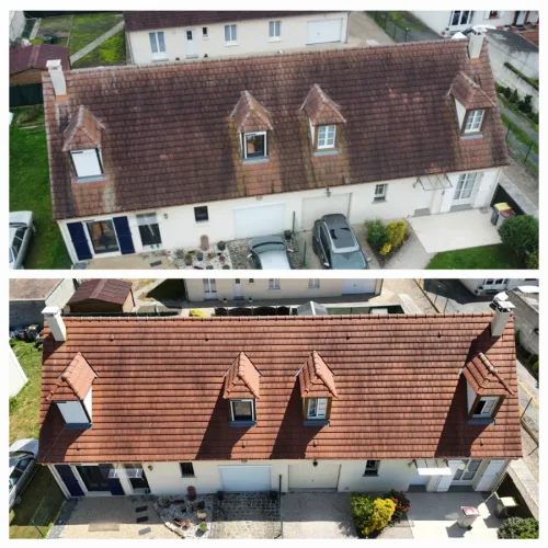 Vue aérienne par drone d'une toiture à lucarnes avant et après démoussage