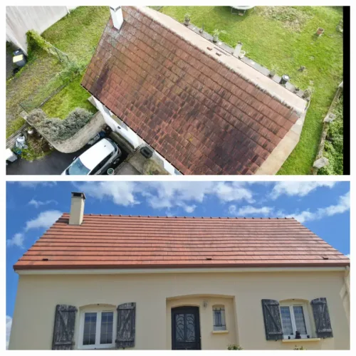 Toiture en tuiles vue par drone avant démoussage, puis la maison une fois le toit nettoyé