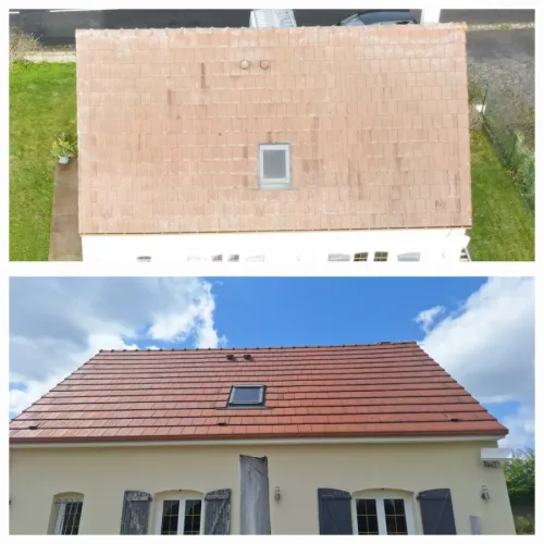 Toiture avec fenêtre de toit vue du drone, puis vue au sol après démoussage