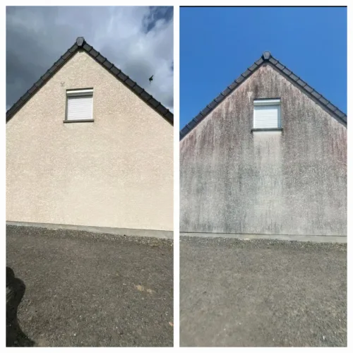 Pignon de maison avant et après nettoyage de façade : crépi encrassé puis crépi ravivé
