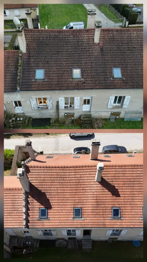 Vue aérienne d'une longère avant et après démoussage de la toiture en tuiles