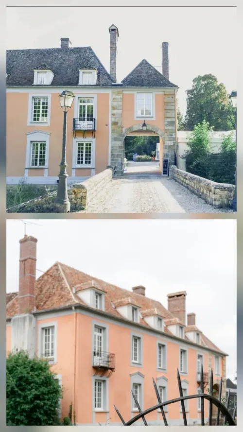 Manoir à façade rose avant et après nettoyage de sa toiture couverte de mousse