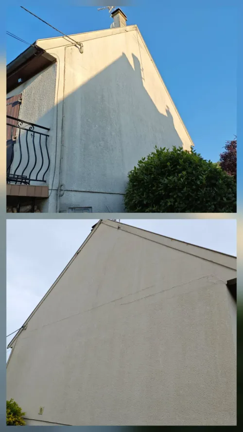 Pignon sali par les traces vertes avant nettoyage de façade, mur clair après