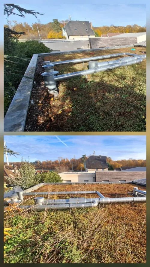 Toiture-terrasse végétalisée d'un bâtiment collectif : dégagement des gaines de ventilation
