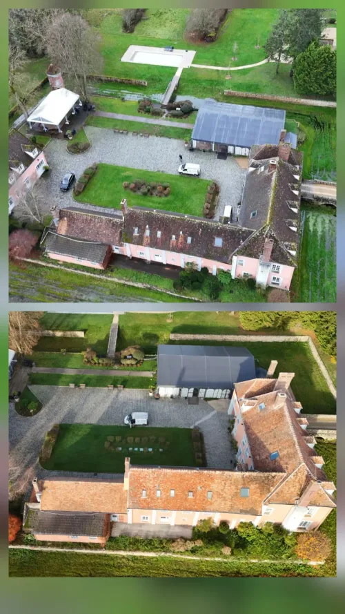 Vue aérienne d'ensemble d'un domaine avant et après démoussage des toitures