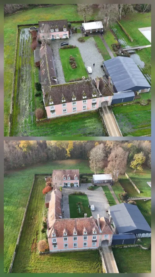 Manoir et ses dépendances vus du drone, toitures avant et après démoussage