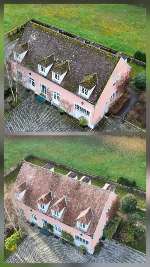 Corps de logis d'un manoir vu du drone : toiture couverte de mousse avant, tuiles nettoyées après