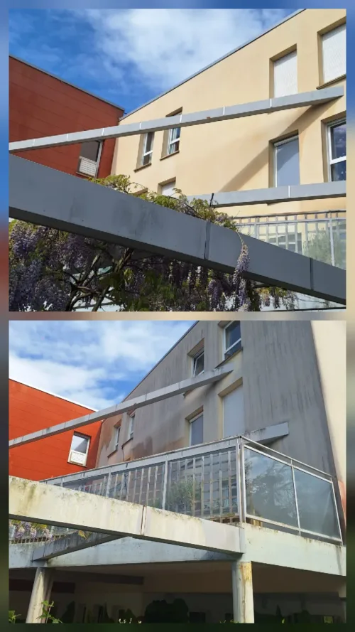 Façade et passerelle d'un bâtiment collectif avant et après nettoyage