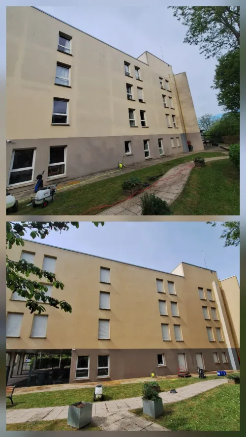 Nettoyage de la façade d'un immeuble de logements : chantier en cours, puis façade propre