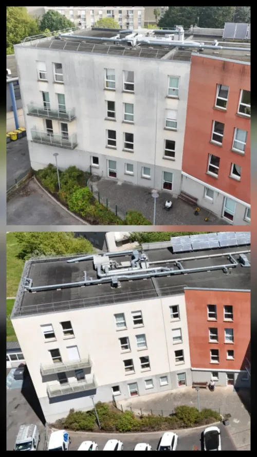 Vue drone d'une résidence collective avant et après nettoyage de façade
