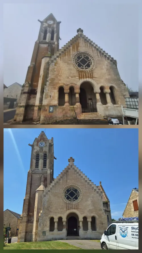 Façade en pierre d'une église avant et après nettoyage, véhicule Skycleaner devant le parvis