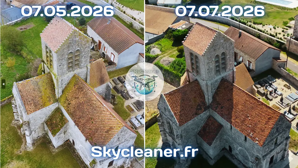 Nettoyage de toiture d'église par drone : avant et après démoussage